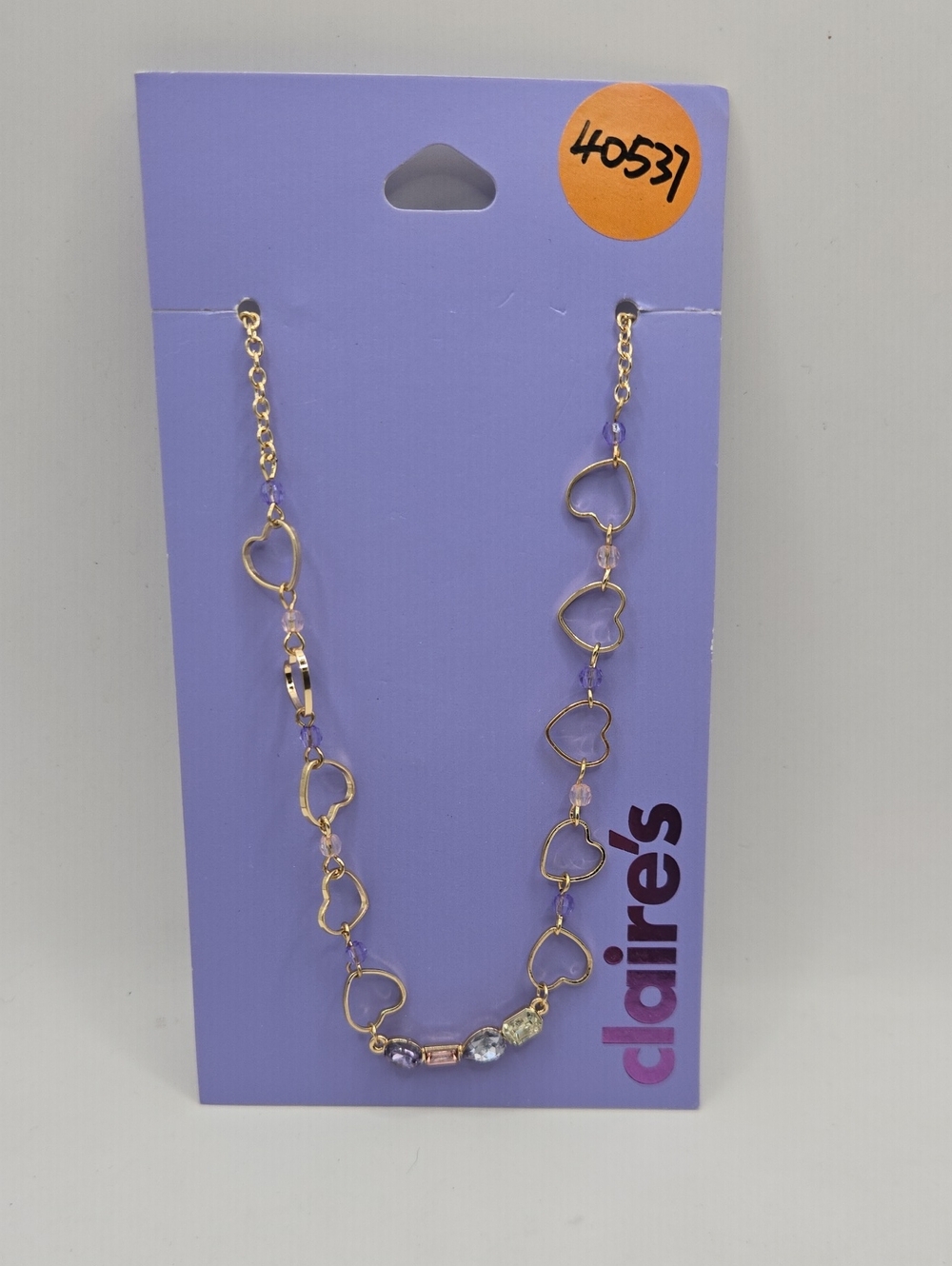 NEW Claire's Gold Heart Link Necklace with Purple And Clear Beads